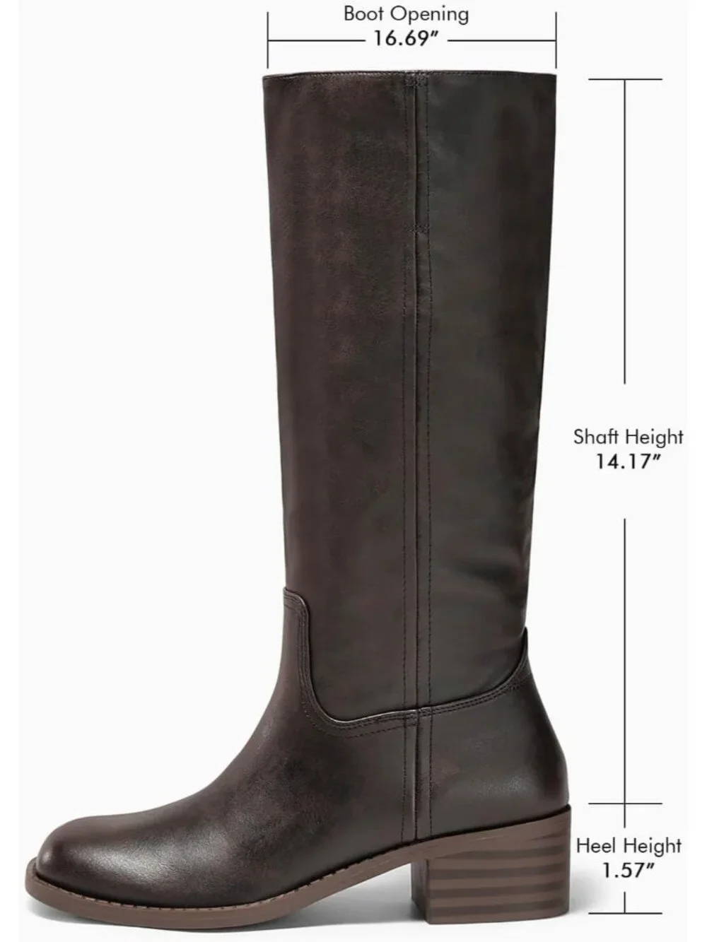 Women Blackish Brown Square Toe Chunky Low Block Heel Comfortable Knee High Boot